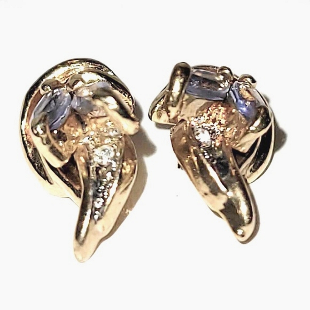 💞 AVON Rare Vintage Gold With Rhinestones Elegant Lilac Tone Gems Stud Earrings